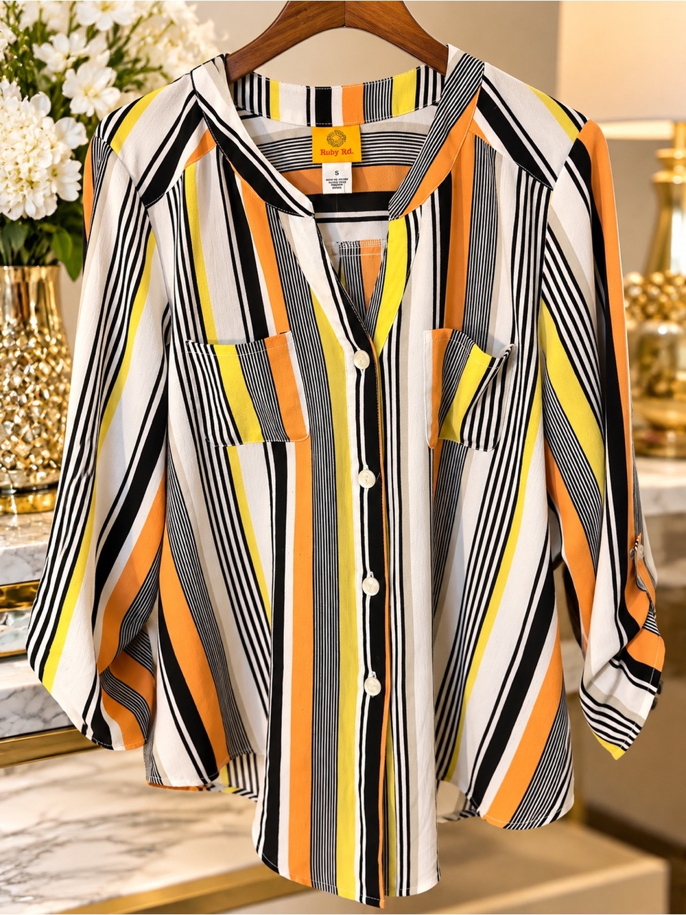 Ruby Rd. Yellow, Orange & Black Striped Button-Front Top